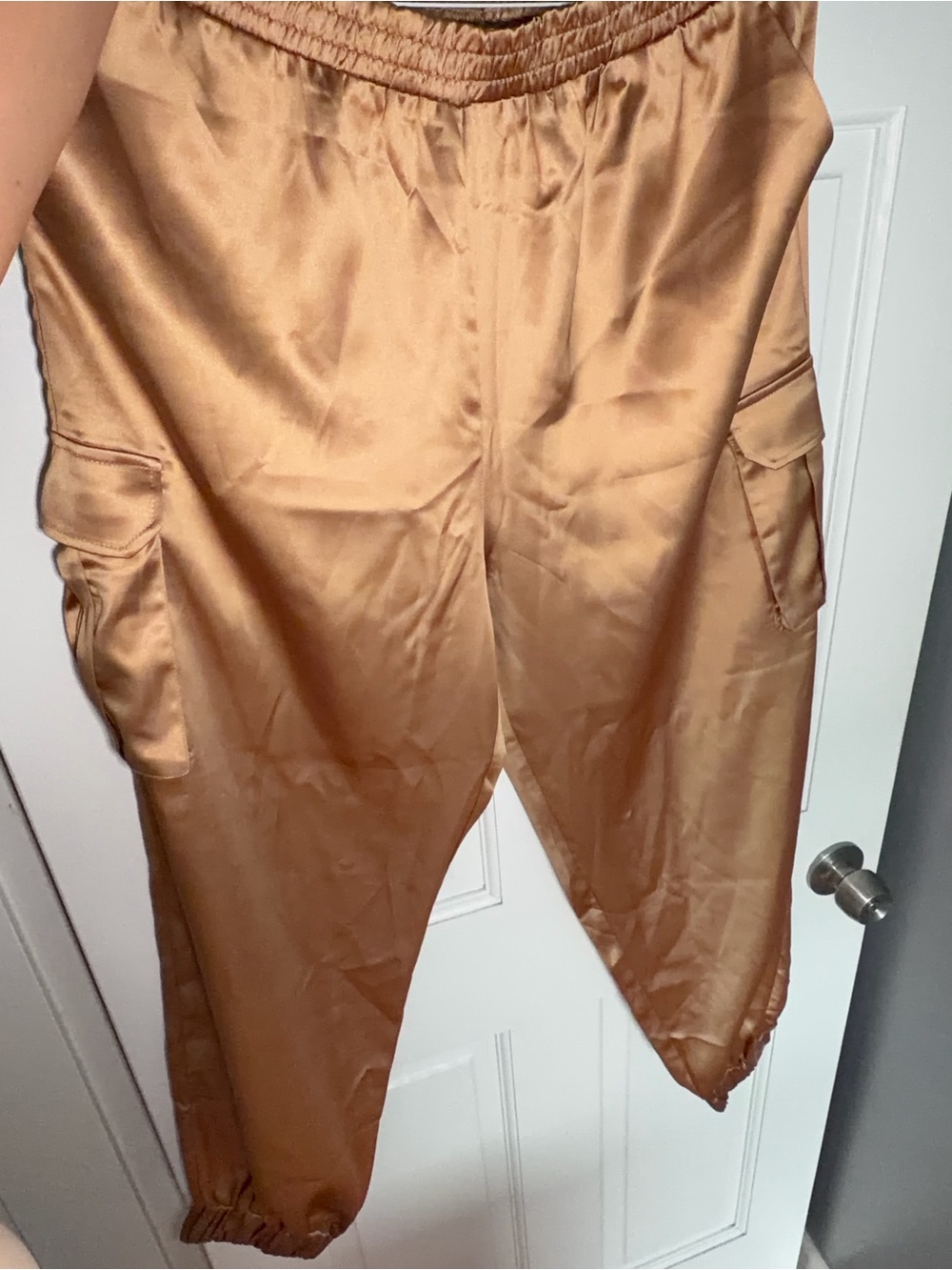 Cupshe Satin Cargo Joggers in Camel Brown